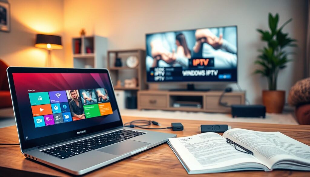 A cozy home office setting showcasing multiple devices used for IPTV installation. In the foreground, a sleek laptop displaying the Windows IPTV Player interface, with colorful icons and a vibrant screen. Beside it, a Firestick plugged into a modern TV, showcasing the IPTV app. In the middle, an organized workspace with a few technical tools, like cables and connectors, along with a manual open to a page about IPTV setup. The background features a softly lit room with a bookshelf and a potted plant, adding to the pleasant atmosphere. The lighting is warm and inviting, with a slight focus effect on the devices, creating a professional yet approachable mood.