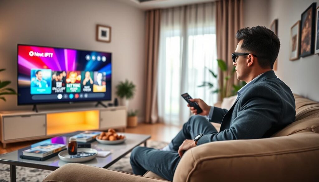 A cozy living room setting featuring a modern smart TV displaying a vibrant streaming interface. In the foreground, a focused individual in smart casual attire is sitting comfortably on a plush sofa, holding a remote control and intently watching the screen. The middle frame highlights a sleek coffee table with snacks and drinks, while ambient lighting creates a warm and inviting atmosphere. Soft light filters through sheer curtains, accentuating the cozy feel of the room. The background showcases tasteful wall decor and plants, enhancing the sense of relaxation and enjoyment associated with streaming IPTV. The angle captures the scene from slightly above, providing a comprehensive view of the entire setup, evoking a mood of leisure and modern entertainment.