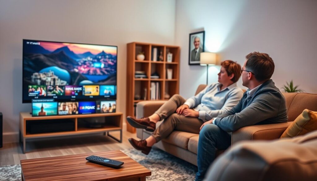 A cozy living room setting showcasing an IPTV streaming experience. In the foreground, a modern flat-screen TV streaming Portuguese channels, with vibrant images of scenic landscapes and cultural events. A sleek remote rests on a small wooden coffee table. In the middle ground, a couple sits comfortably on a stylish couch, dressed in casual yet smart attire, focused on the screen, capturing a sense of togetherness and enjoyment. Soft ambient lighting bathes the room, creating a warm and inviting atmosphere. In the background, subtle details like a bookshelf filled with DVDs and a small potted plant add to the homely vibe, suggesting an experience of quality service and entertainment in Portuguese streaming.