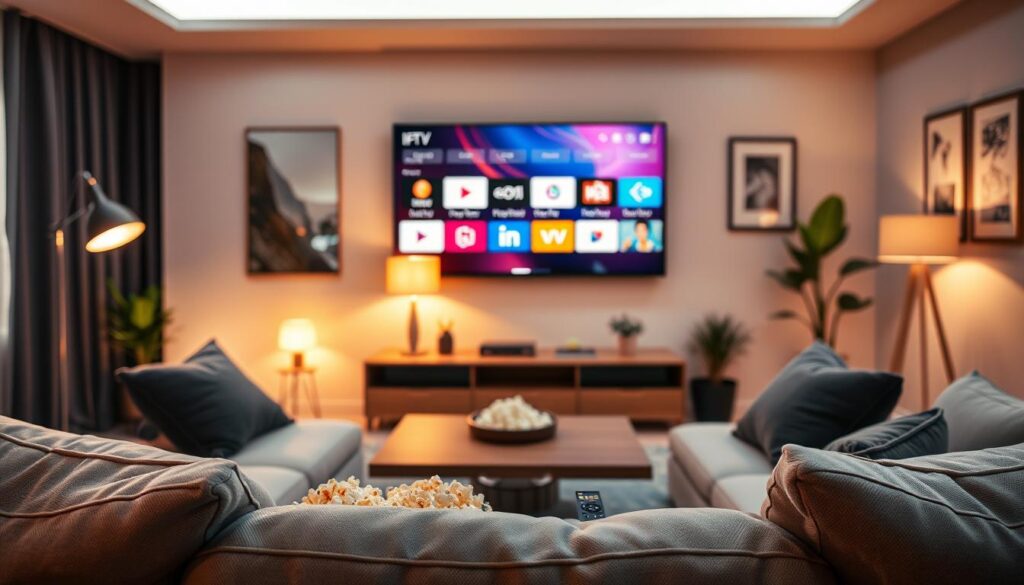 A cozy modern living room setting designed for an optimal viewing experience. In the foreground, a comfortable sofa with plush cushions, facing a large flat-screen TV mounted on the wall, displaying colorful IPTV interface options. On the coffee table, a stylish remote control and a bowl of popcorn sit invitingly. In the middle, soft ambient lighting from stylish floor lamps creates a warm, inviting atmosphere, enhancing the visual appeal. The background features a lightly decorated wall with framed artworks and a few green indoor plants, adding a touch of nature. The scene captures a relaxed mood, ideal for enjoying IPTV content on a smart device. Use a warm color palette and a slight bokeh effect to focus on the sofa and TV area, creating an intimate and engaging visualization.