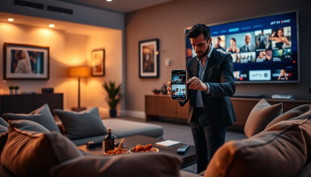 A cozy, modern living room setting with a sleek, large-screen television prominently displayed, casting a soft glow. In the foreground, a comfortable couch surrounded by plush cushions invites viewers to sit and enjoy. On the coffee table, a remote control and stylish snacks create an inviting atmosphere. In the middle, a user, dressed in professional casual attire, is adjusting settings on an iPhone, focused and engaged. The background features warm, ambient lighting with framed art on the walls, enhancing a relaxed vibe. A subtle focus on the iPhone screen displays clear visuals of IPTV content, highlighting ease of navigation. The overall mood is one of comfort and innovation, illustrating a premium viewing experience. A cozy, modern living room setting with a sleek, large-screen television prominently displayed, casting a soft glow. In the foreground, a comfortable couch surrounded by plush cushions invites viewers to sit and enjoy. On the coffee table, a remote control and stylish snacks create an inviting atmosphere. In the middle, a user, dressed in professional casual attire, is adjusting settings on an iPhone, focused and engaged. The background features warm, ambient lighting with framed art on the walls, enhancing a relaxed vibe. A subtle focus on the iPhone screen displays clear visuals of IPTV content, highlighting ease of navigation. The overall mood is one of comfort and innovation, illustrating a premium viewing experience.