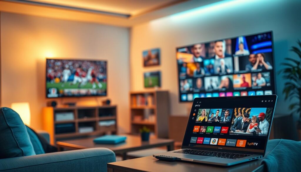 A dynamic and visually appealing scene showcasing the "quality transmission of IPTV" with a focus on vibrant visuals of streaming content. In the foreground, a sleek, modern television displays high-resolution images of diverse programs, including sports, movies, and news. The middle section features a cozy living room setup with a comfortable couch and a coffee table, adorned with gadgets like a remote control and a laptop showcasing the Flix IPTV interface. In the background, bright LED lights illuminate the space, creating a warm, inviting atmosphere. The lighting is soft yet vibrant, enhancing the colors on the TV screen. The angle is slightly elevated, capturing both the screen and the surrounding environment. This image conveys a sense of enjoyment and modern technology, highlighting the advantages of tuga IPTV.