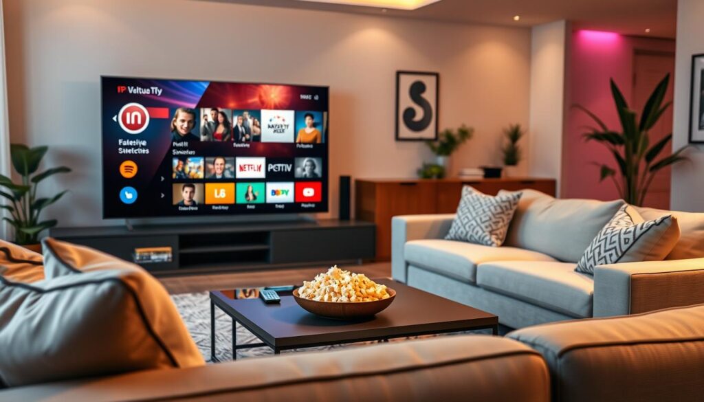 A modern living room setting featuring a sleek smart TV displaying the interface of an IPTV service with vibrant options and category selections. In the foreground, a comfortable sofa with stylish cushions invites viewers to sit back and enjoy their favorite shows. The middle ground showcases a contemporary coffee table with a remote control and a bowl of popcorn, suggesting a cozy movie night. The background features soft ambient lighting, enhancing a warm atmosphere. The room has decorative plants and wall art, creating an inviting and relaxed environment. The image is rendered in high definition with a focus on clarity and detail, capturing the essence of an enjoyable streaming experience.