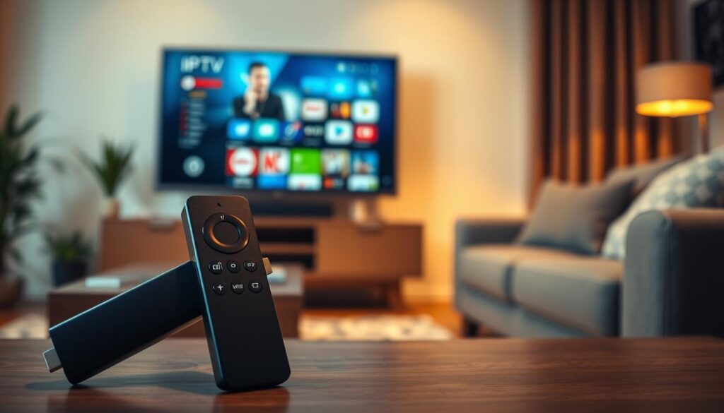 A modern living room setting featuring an IPTV device connected to a TV, with a sleek Fire Stick remote prominently displayed in the foreground. In the middle, show a laptop or tablet streaming IPTV content, with visible screen icons representing various IPTV channels. The background features a cozy couch, and soft ambient lighting, creating a warm atmosphere. The image has a sharp focus on the devices, with a shallow depth of field blurring the background slightly. The overall mood is inviting and tech-savvy, ideal for showcasing compatibility and integration of IPTV devices in a home environment.