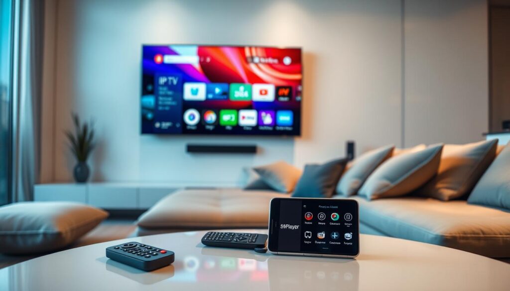 A modern living room setting with a large smart TV prominently displayed on the wall, showing an IPTV interface with vibrant colors and sleek icons. The foreground features a stylish, minimalist coffee table with a remote control next to a smartphone displaying the 5KPlayer app. In the middle, a comfortable sofa has a few cushions scattered, inviting relaxation. The background includes a large window with natural light streaming in, illuminating the room with a warm glow. The atmosphere is cozy and high-tech, suggesting an advanced digital lifestyle. Capture the scene from a slight angle to highlight the smart TV and devices in use, conveying a sense of compatibility and modern living.
