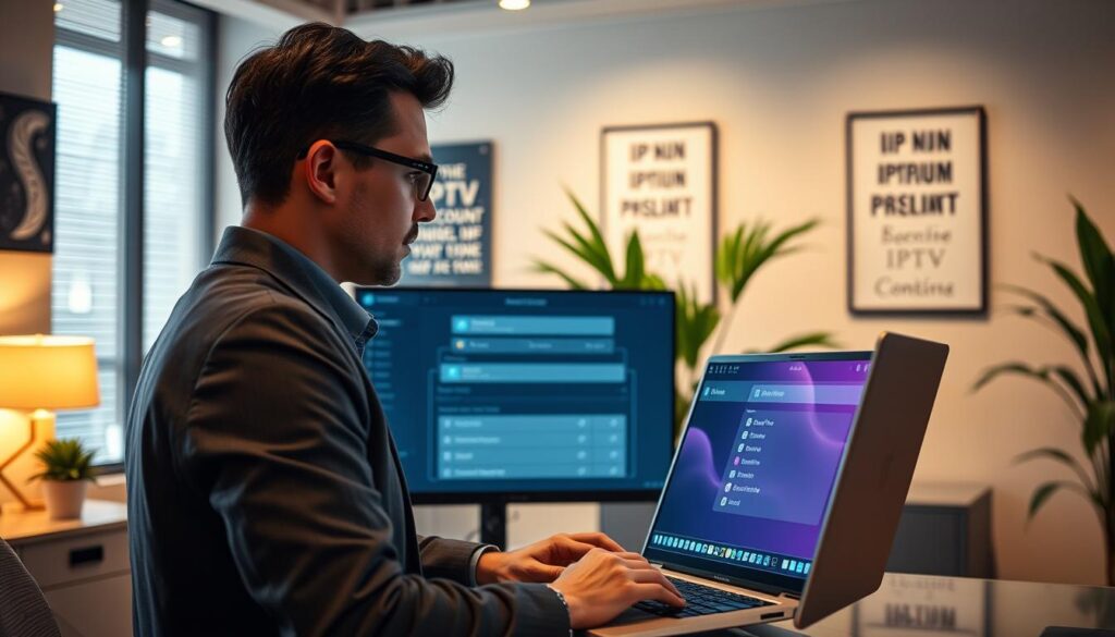A modern office scene depicting a professional configuring an IPTV account on a sleek computer. The foreground features a focused individual, dressed in smart casual attire, attentively navigating IPTV settings on a laptop with a vibrant display. The middle layer shows detailed screens showcasing IPTV configuration options, including various menu selections and icons. In the background, a softly illuminated workspace with green plants and motivational posters creates a calm atmosphere. The lighting is warm and inviting, highlighting the subject's concentration, while a slight depth of field effects draw attention to the main focus of the configuration process. The overall mood conveys a sense of professionalism and technical expertise.