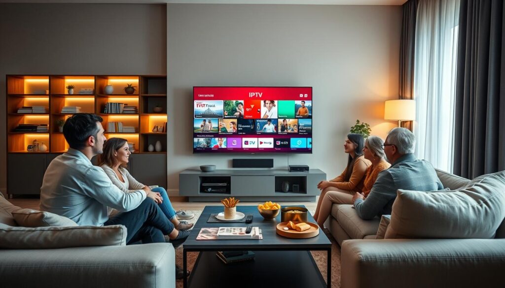 A modern, sleek living room setting with a large flat-screen TV displaying vibrant IPTV channels. In the foreground, a friendly family gathered around, engaged in watching their favorite shows, each dressed in casual, elegant clothing. The middle ground features a stylish coffee table with snacks and a remote control, highlighting the comfort of home entertainment. The background includes a contemporary bookshelf filled with books and decor, lit by soft ambient lighting creating a cozy atmosphere. Natural light filters in through a window, enhancing the warmth of the scene. The overall mood should radiate quality and stability, symbolizing the reliability of IPTV services in Portugal.