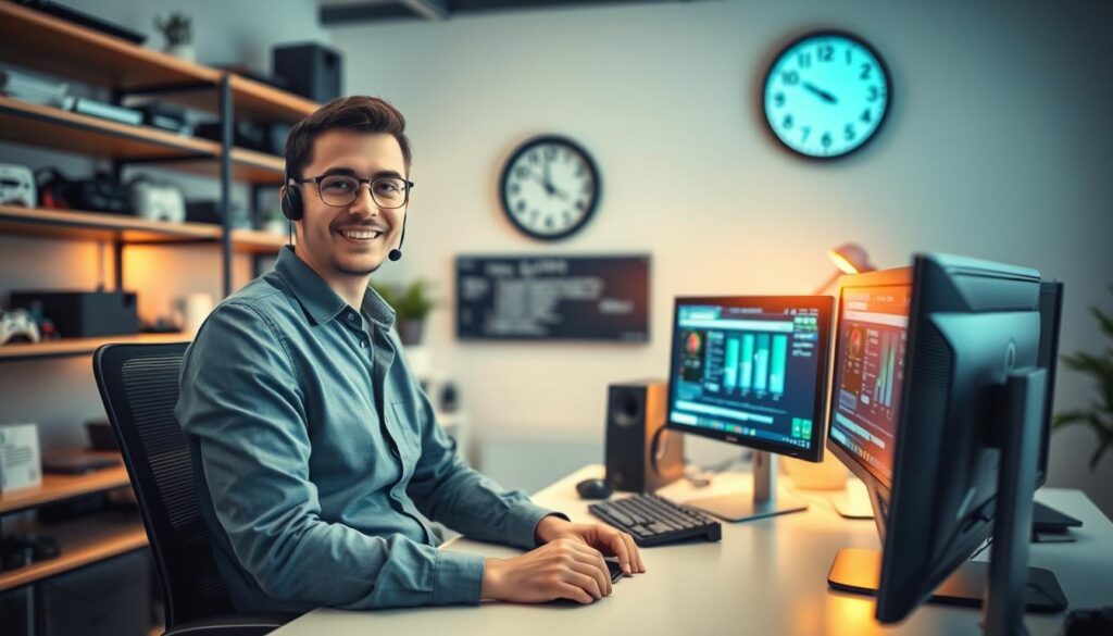 A modern technical support scene depicting a dedicated technician offering 24/7 assistance. In the foreground, a friendly technician in smart casual attire is seated at a sleek desk filled with dual computer monitors displaying technical support interfaces. The middle ground features shelves lined with tech gadgets and tools, creating a functional workspace. The background shows a softly lit room with a wall clock indicating different time zones, emphasizing the 24/7 support theme. The lighting is bright and inviting, with a warm ambiance that conveys a sense of reliability and professionalism. The atmosphere is focused and supportive, capturing the essence of dedicated customer service in the technology field.
