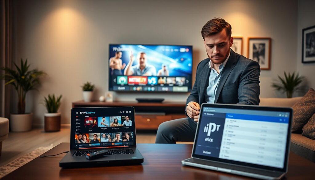 A professional and inviting scene depicting a sleek living room with a modern television displaying vibrant IPTV content. In the foreground, a well-dressed individual, wearing smart casual attire, is engaged in setting up the IPTV Extreme app on a Fire Stick, showcasing an expression of concentration. The middle ground features a stylish coffee table with a laptop open, displaying streaming options, alongside a remote control. In the background, soft, ambient lighting casts a warm glow, enhancing the cozy atmosphere. The room is tastefully decorated with potted plants and framed art, evoking a sense of comfort and technology working harmoniously. The overall mood is positive and focused, embodying the quality and support of IPTV services.