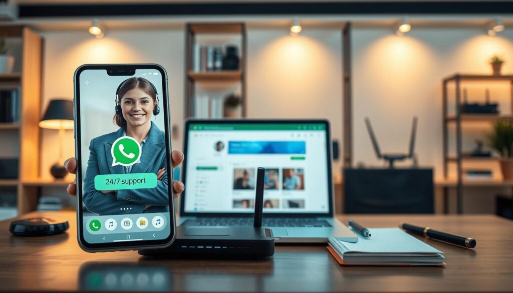 A professional support service scene illustrating "24/7 support via WhatsApp." In the foreground, a sleek smartphone displays the WhatsApp interface, with a friendly customer support representative in business attire engaged on the screen. The representative has a warm smile, conveying approachability and readiness to assist. In the middle ground, a modern home office setup showcases a laptop with open tabs related to IPTV installation, surrounded by tech gadgets like a router and a notepad. The background features soft, ambient lighting to create a calm atmosphere, with shelves filled with books and tech equipment. Overall, the scene embodies reliability, accessibility, and the essence of round-the-clock customer service.