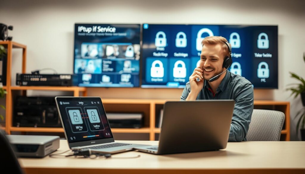 A professional technician in a modern office setting, focused on providing technical support for IPTV services. In the foreground, a friendly technician wearing business casual attire is attentively speaking with a customer over the phone, a laptop open in front of them displaying IPTV setup processes. In the middle ground, there are shelves with technical equipment like routers and cables, symbolizing advanced technology and support. The background features a digital screen showing IPTV service menus and security symbols like locks, emphasizing safety and compliance in the service. The lighting is bright and professional, casting soft shadows to enhance clarity. The overall mood conveys trust, expertise, and a supportive atmosphere.