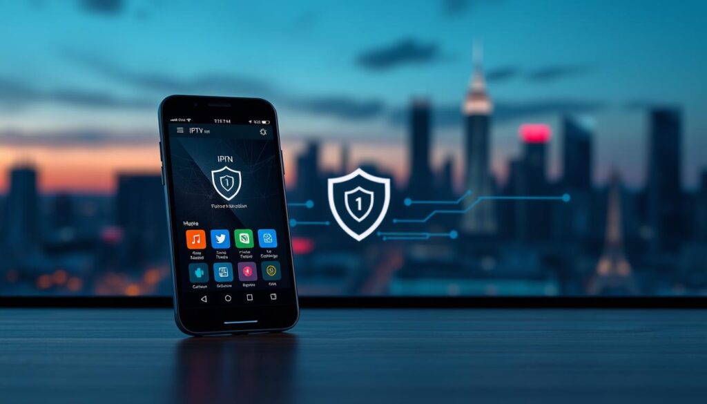 A sleek and modern digital workspace depicting the theme of "VPN security and content protection." In the foreground, a professional-looking smartphone displays an IPTV app interface, glowing softly to illustrate its function. Midground elements include a stylized VPN shield icon and flowing digital data streams, symbolizing protection and security. The background features a blurred city skyline at dusk, hinting at connectivity and modern technology, with a dark blue and purple color scheme to convey a sense of security and trust. Soft, ambient lighting enhances the scene, and a depth of field creates focus on the smartphone and icons, evoking a mood of professionalism and reliability in digital media consumption.