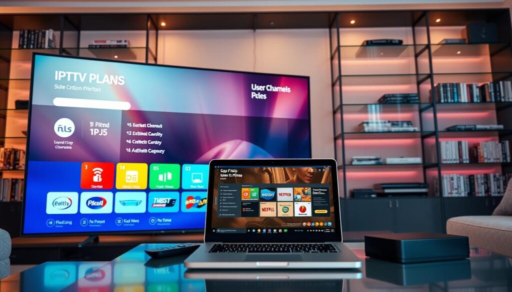 A sleek digital display showcasing IPTV plans and pricing options, prominently featuring a large, modern TV screen in the foreground displaying various subscription tiers with icons representing channels, with bright, engaging colors. In the middle, a stylish laptop is open, displaying a user-friendly IPTV interface, surrounded by a few tech gadgets like a remote control and a streaming device. The background features a cozy living room setting, softly lit with warm ambient lighting, creating a comfortable viewing atmosphere. Glass shelves hold DVD collections and books, enhancing the tech-savvy vibe. The mood is inviting and professional, highlighting the ease of accessing IPTV services. The angle captures both the screen and the arrangement in a way that emphasizes connectivity and modern technology.