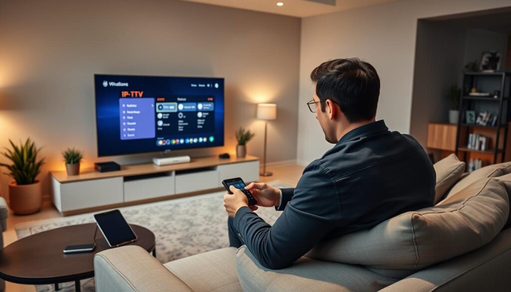 A sleek, modern living room featuring a cozy sofa and a large flat-screen TV displaying an IPTV interface. In the foreground, a person in professional casual attire is intently focused on a remote control, customizing settings on the screen. To the left, a side table holds a smartphone and a tablet, highlighting additional device integration. The middle ground includes decorative plants and ambient lighting, creating a warm, inviting atmosphere. The background features a shelf with collected art and books, enhancing the personal touch. Soft, diffused light enhances the scene, casting gentle shadows, while a wide-angle perspective captures the room's layout. The mood is one of relaxed engagement and personalized tech enjoyment.