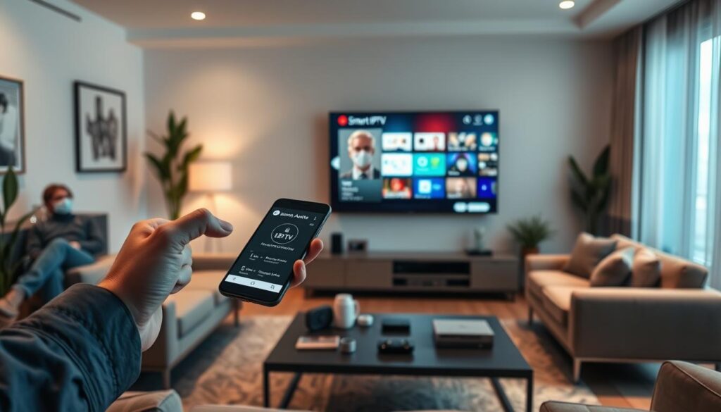 A sleek, modern living room setting with a focus on a new smart television prominently displaying the Smart IPTV interface. In the foreground, a hand gracefully interacts with a smartphone, showcasing an app interface related to instant activation and easy configuration. The middle ground features an inviting couch and a stylish coffee table adorned with tech gadgets, suggesting a comfortable family space. The background reveals soft ambient lighting, creating a cozy atmosphere, with decorative elements like indoor plants and artwork enhancing the homey feel. The scene is well-lit, capturing a warm and inviting mood, while maintaining a clean and professional aesthetic without any clutter. A sleek, modern living room setting with a focus on a new smart television prominently displaying the Smart IPTV interface. In the foreground, a hand gracefully interacts with a smartphone, showcasing an app interface related to instant activation and easy configuration. The middle ground features an inviting couch and a stylish coffee table adorned with tech gadgets, suggesting a comfortable family space. The background reveals soft ambient lighting, creating a cozy atmosphere, with decorative elements like indoor plants and artwork enhancing the homey feel. The scene is well-lit, capturing a warm and inviting mood, while maintaining a clean and professional aesthetic without any clutter.