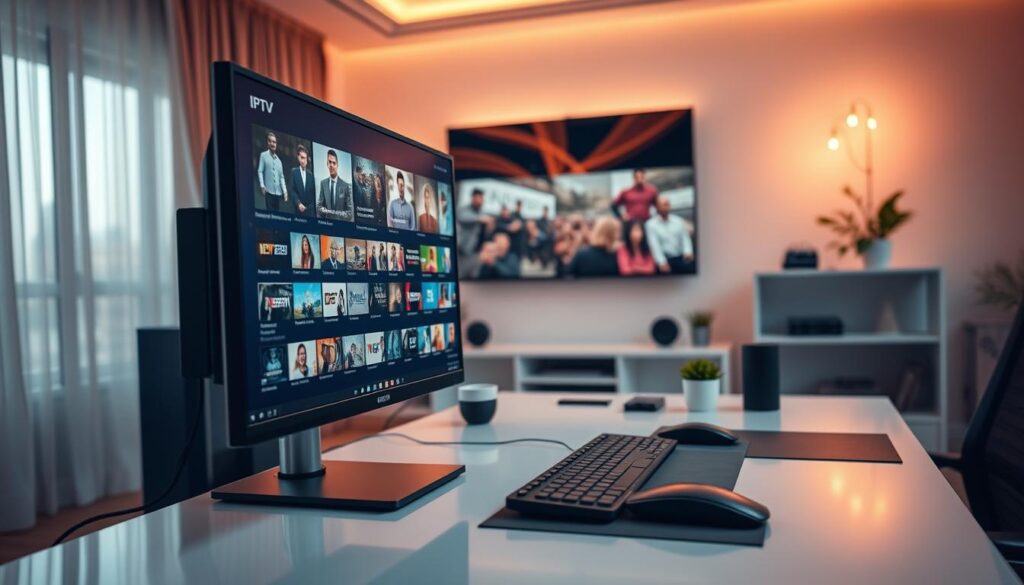 A sophisticated and sleek setup for streaming IPTV services, showcasing a modern PC with a large, high-definition monitor displaying various IPTV channels. In the foreground, the monitor should feature vibrant channel thumbnails, highlighting their quality, with vivid graphics that suggest a wide array of content options. The middle ground includes an elegant desk with stylish accessories and a wireless keyboard and mouse, while a cozy and ambient room setting forms the background, softly lit by warm, inviting lights. The atmosphere should be professional yet relaxed, resembling a modern home office. The scene captures the essence of high-quality service and features, without any text or distractions.