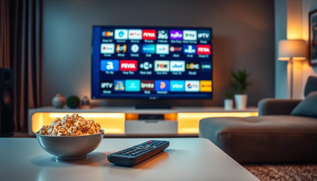 A vibrant and engaging living room showcasing a smart TV displaying various IPTV channels in Portugal. In the foreground, a sleek, modern coffee table features a remote control and a bowl of popcorn, suggesting a cozy viewing environment. The middle ground highlights the smart TV screen, filled with colorful icons and logos of popular IPTV channels, set against a warm, inviting backdrop of soft lighting that enhances the atmosphere. The background displays tasteful decor, perhaps a small plant and framed pictures, adding a homely touch. The overall mood is relaxed and family-friendly, illuminated by gentle ambient light that creates a comfortable and entertaining viewing space.