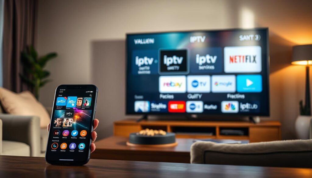 A visually engaging comparison of IPTV services, showcasing various devices like smartphones and smart TVs in a modern living room setting. In the foreground, a sleek smartphone displaying the IPTV interface, with vibrant streaming visuals. The middle layer features a smart TV with a split screen comparing different IPTV logos and services, including highlighted features like quality and pricing. The background should have a cozy, well-lit living room atmosphere with soft, warm lighting, casting gentle shadows. Use a slightly elevated angle to capture both the smartphone and TV clearly, creating a sense of spatial harmony. The mood is informative yet inviting, emphasizing the ease of use of IPTV in modern media consumption.