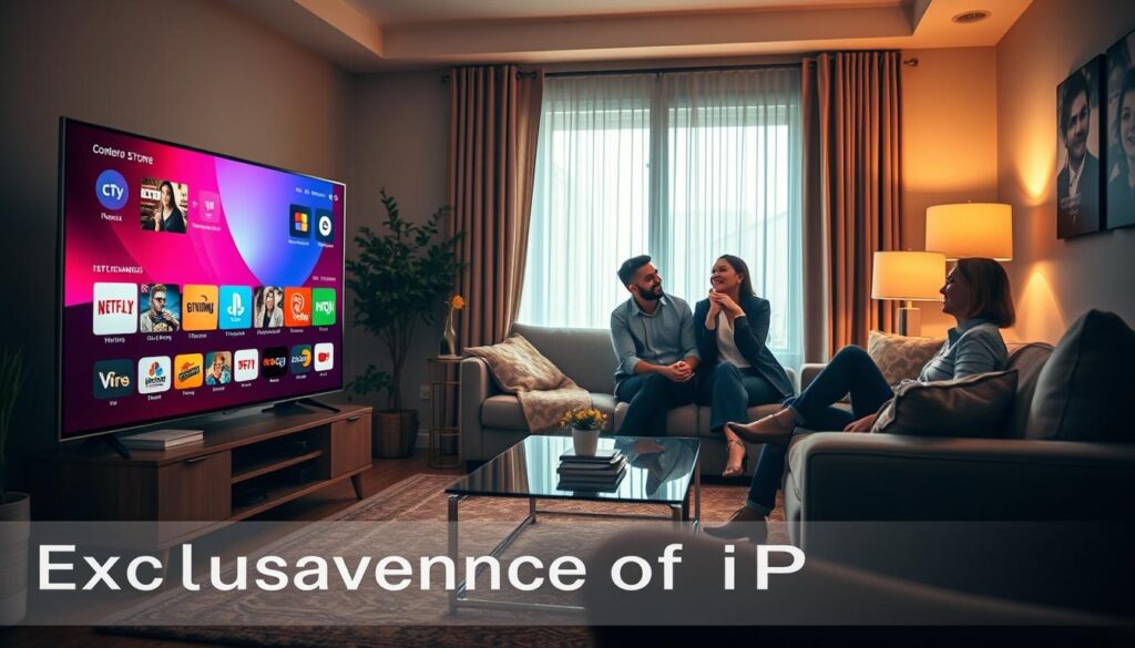 A visually engaging representation of the exclusive advantages of IPTV Tuga. In the foreground, showcase a sleek, modern TV displaying a vibrant interface with various streaming options, symbolizing the diverse channels and content available. In the middle ground, depict a cozy living room setting with a comfortable sofa and a stylish coffee table, where a group of friends in professional attire are gathered, laughing and enjoying their viewing experience. In the background, warm, inviting lighting creates a relaxed atmosphere, accentuated by soft shadows and subtle home decor. The mood is friendly and welcoming, emphasizing comfort and entertainment within a sophisticated home environment, without any text or branding elements.